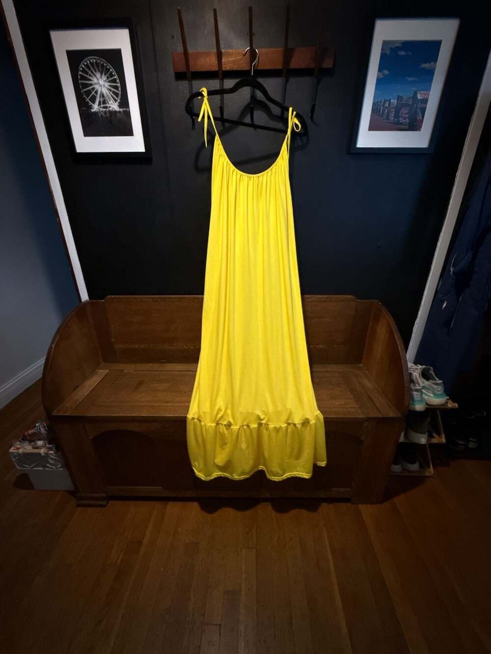 70’s Vintage Solid Yellow Spaghetti Strap Ruffled Hem Maxi Dress with tie should